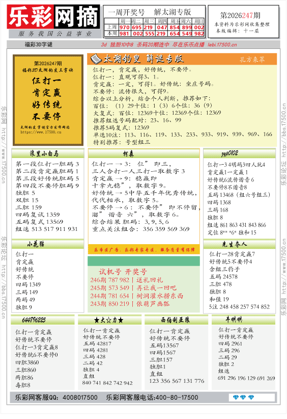 福彩3D第2026247期★字谜总汇★解太湖★预测